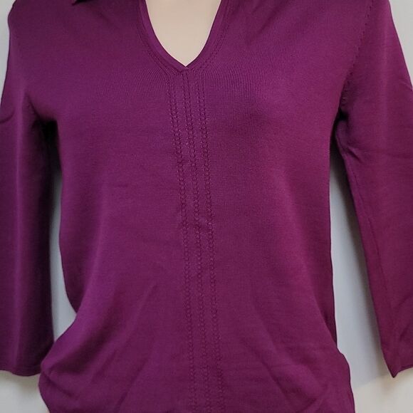 3/4 Sleeve Purple Silk Blend V-Neck Sweater - Picture 2 of 6